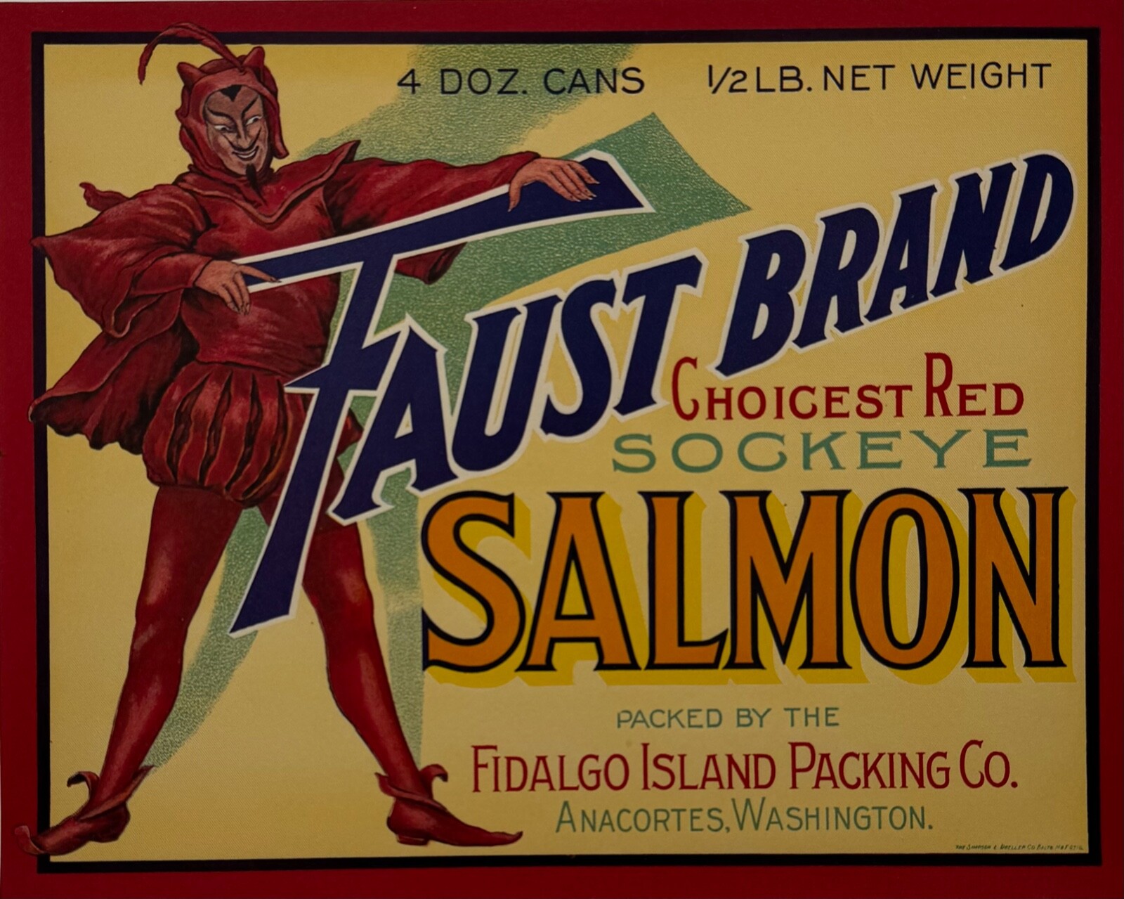 Original Vintage Sockeye Salmon Label, Faust Brand Anacortes WA, Red Devil