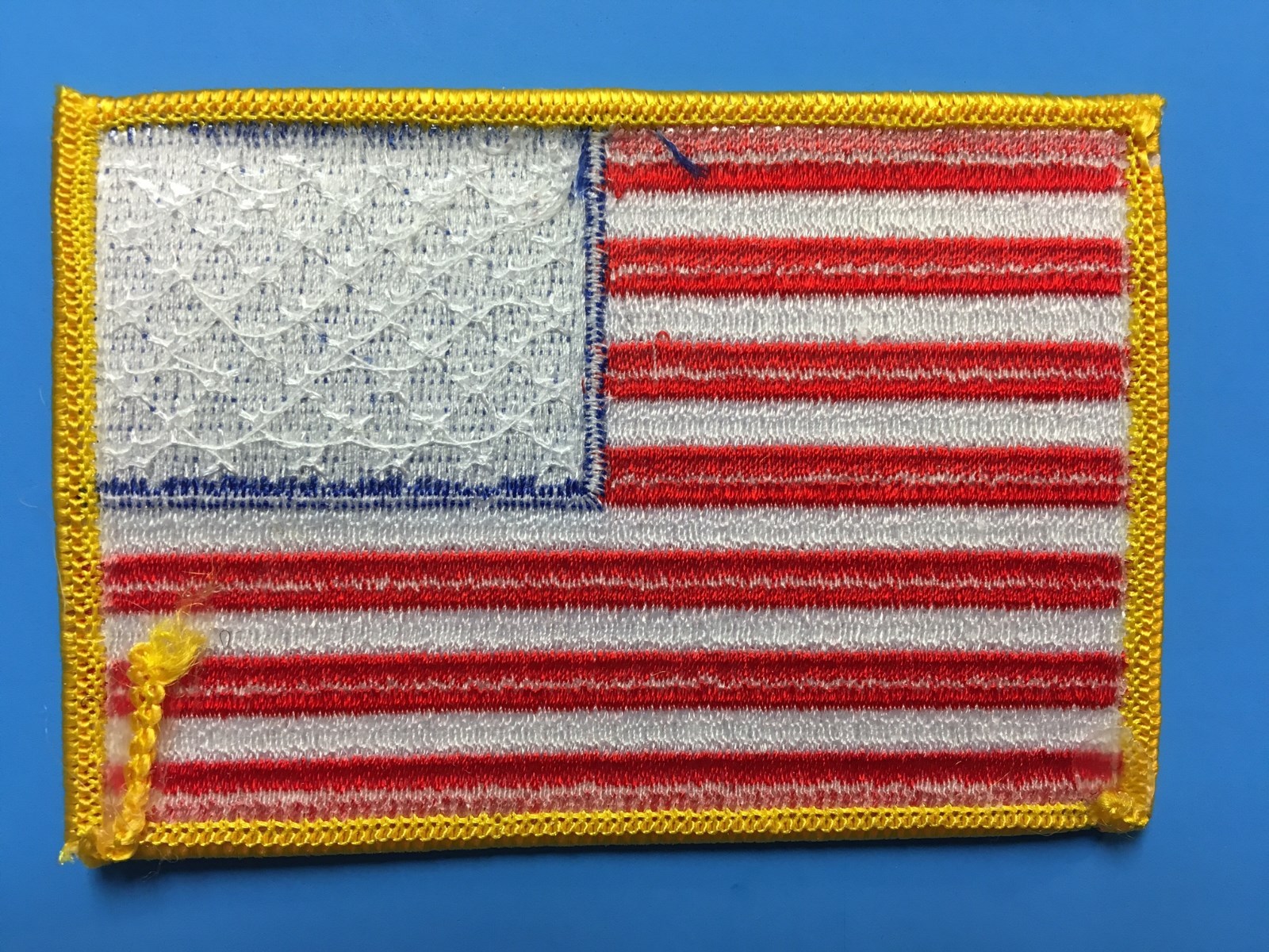 REVERSE USA AMERICAN FLAG EMBROIDERED PATCH IRON-ON SEW-ON GOLD BORDER(3½ x 2¼”)