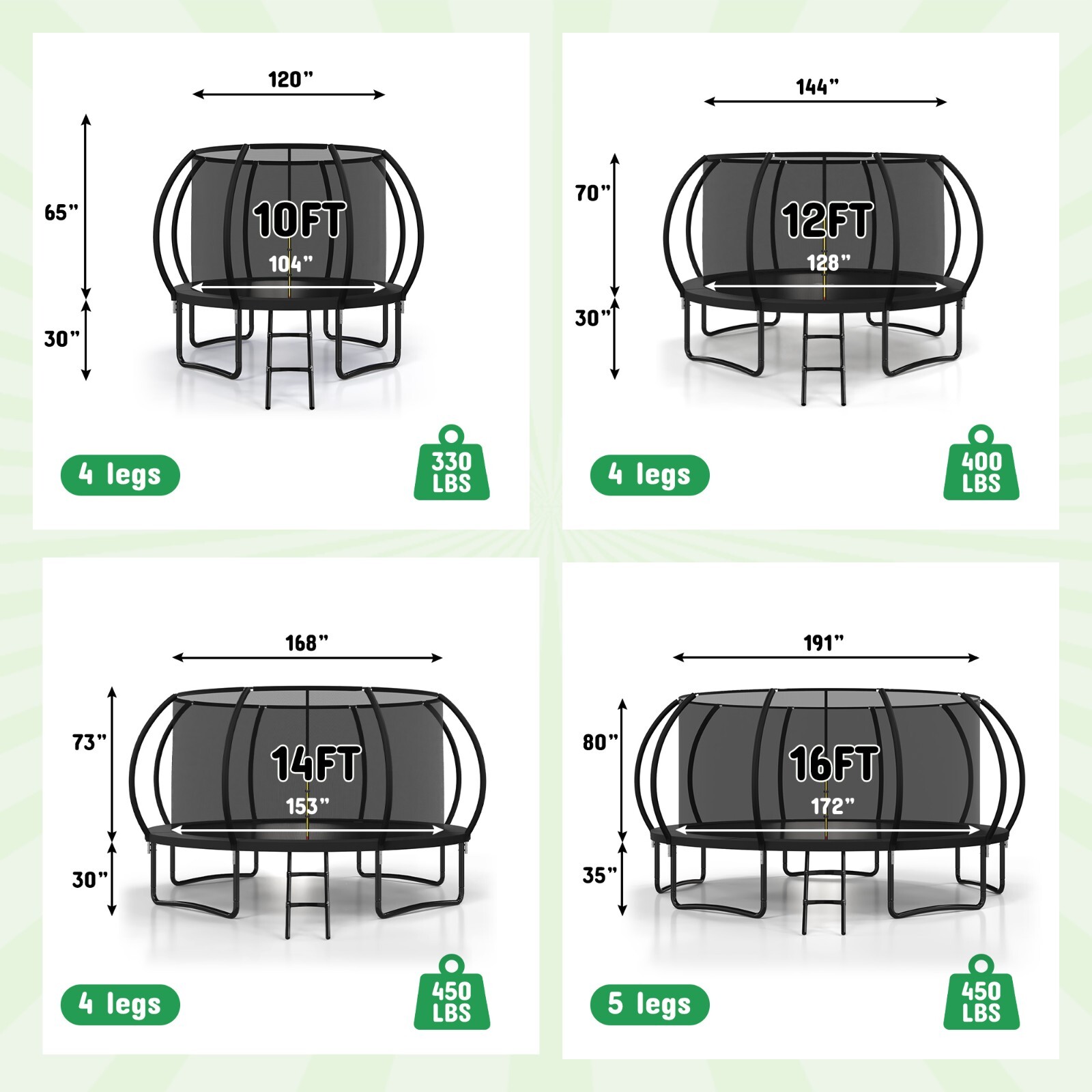 10 FT/12 FT/14FT/16 FT Outdoor Trampoline with Safety Enclosure Net and Ladder