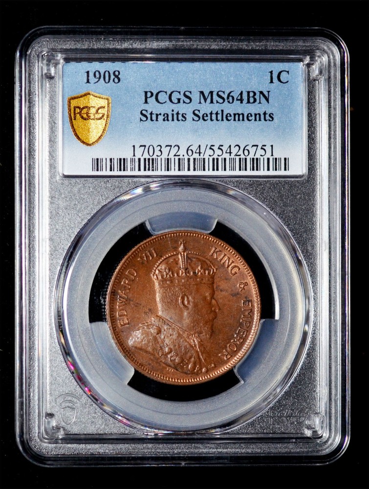 PCGS MS64 1908 Straits Settlements, Edward VII, 1 Cent,  Calcutta Mint