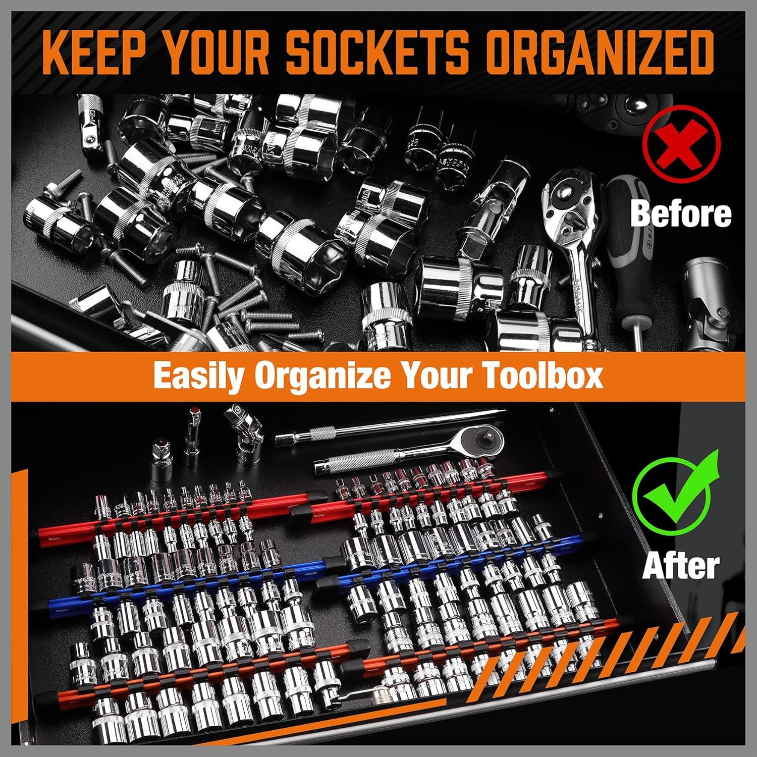 6PC Double Sided Socket Holder Organizer 1/4 3/8 1/2 Driver Shallow Deep Socket