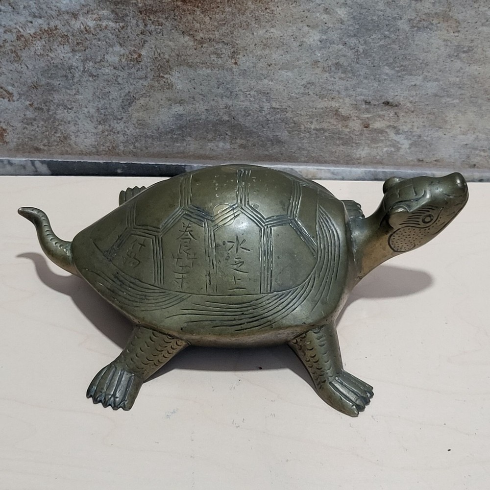 Vintage Etched Solid Brass Turtle Longevity Animal Tortoise