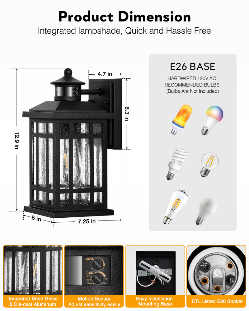 Motion Sensor Outdoor Wall Light, Adjustable Outside Lights for House
