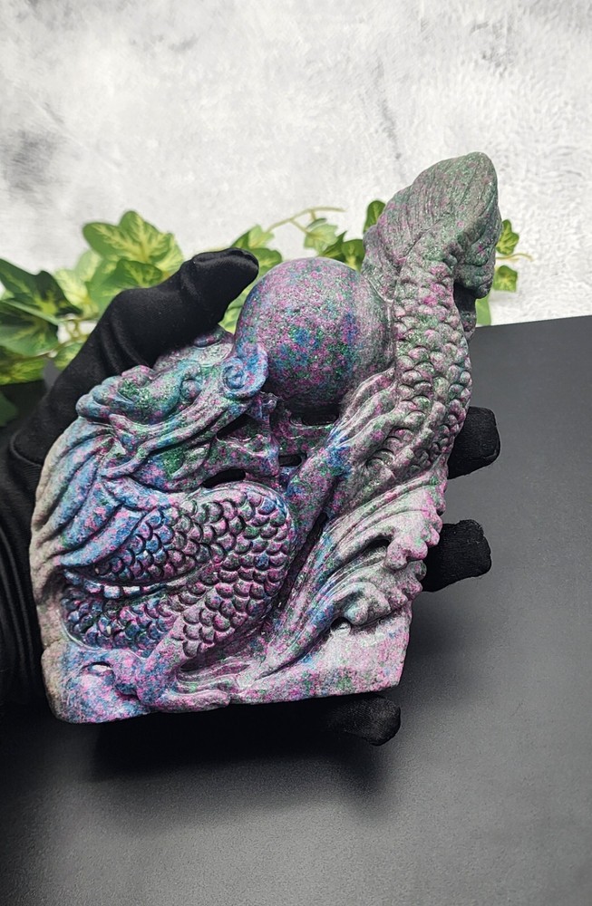 UV Reactive Ruby Kyanite Dragon, Statement Piece Ruby In Kyanite Hand-Carved