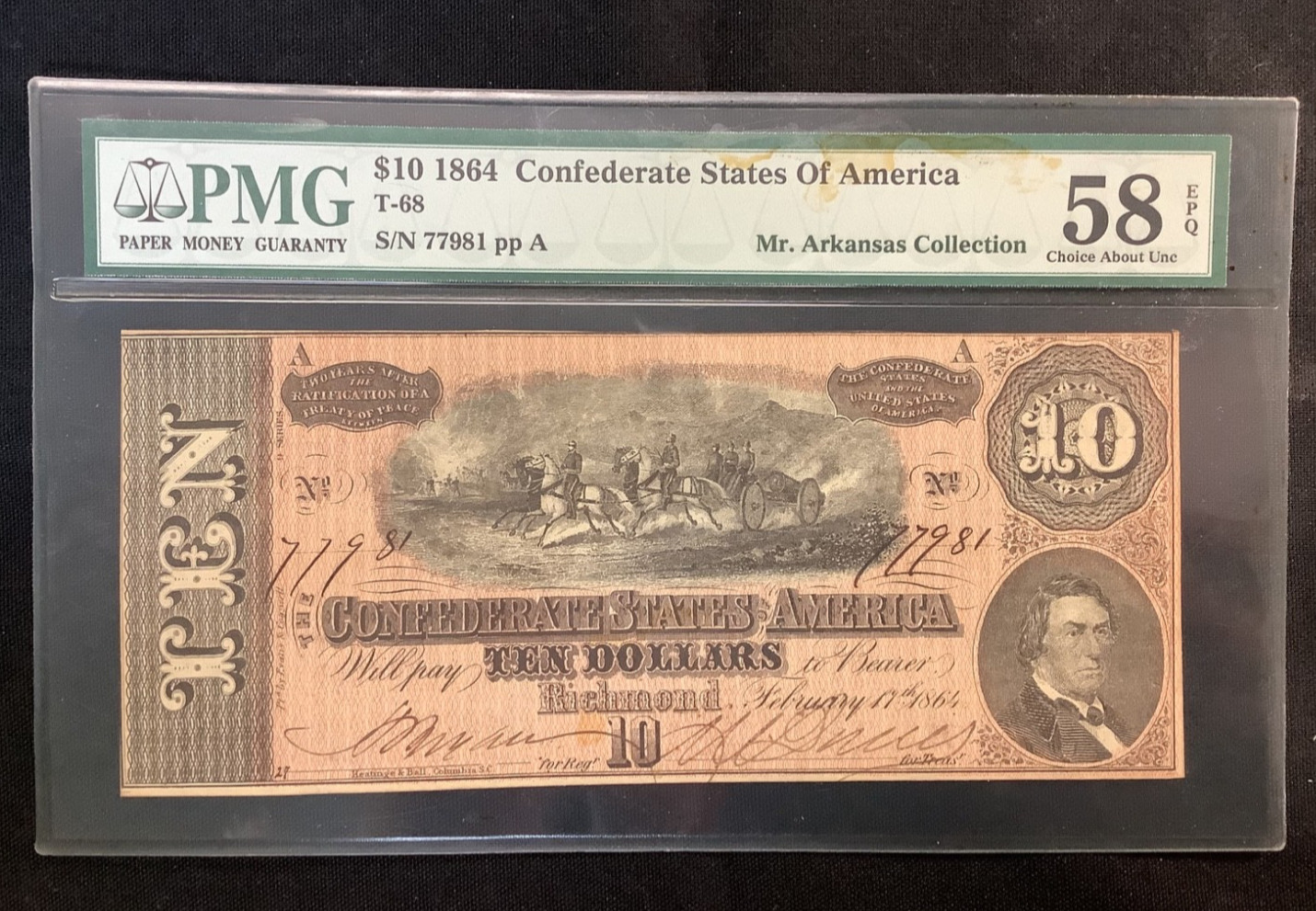 PMG $10 1864 Confederate States of America T-68 About Uncirculated 58 EPQ