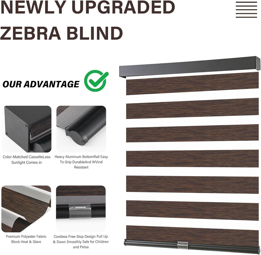 Cordless Zebra Blinds Windows Pull Down Roller Window Shades Dual Layer Light