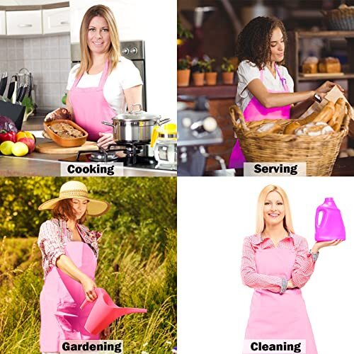 4 Packs Chef Apron with 2 Pockets, Waterproof Adjustable Polyester Blend Pink