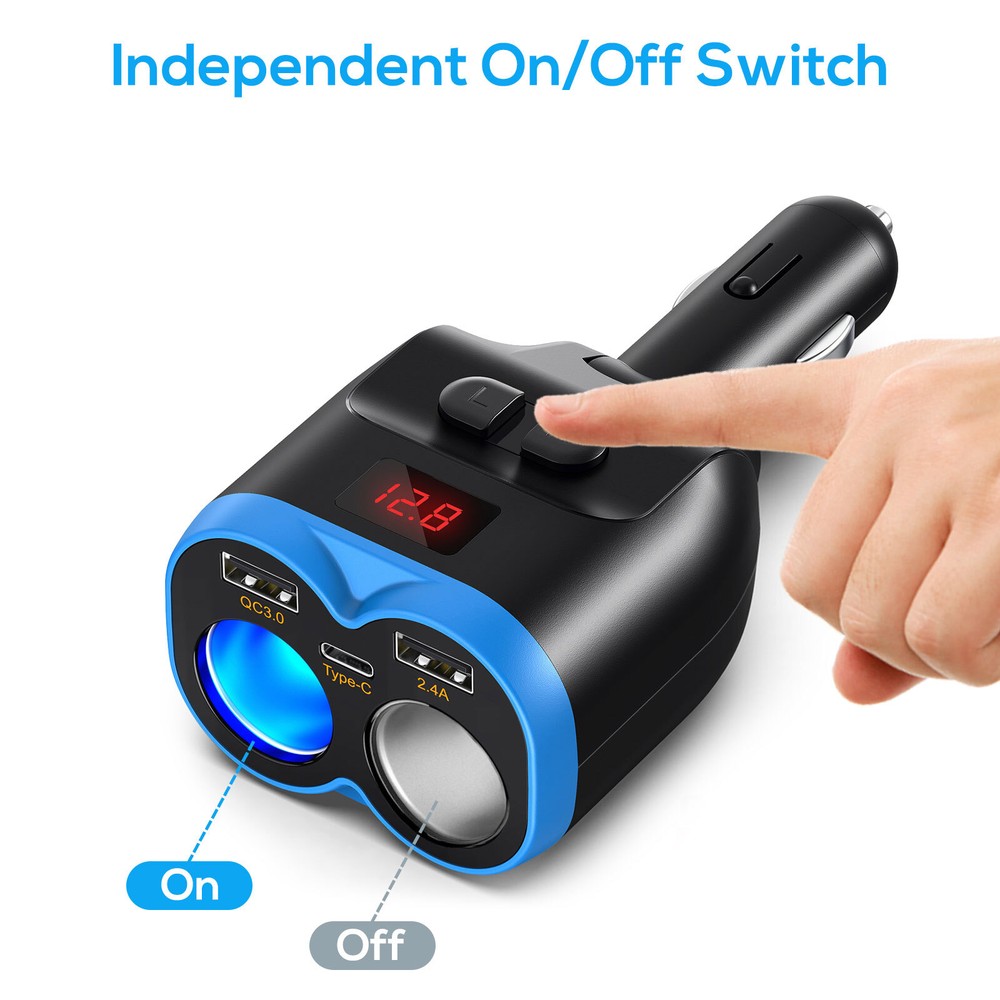 2-Way Car Cigarette Lighter Socket Splitter, 5 in 1 Power Adapter, Quick Charge