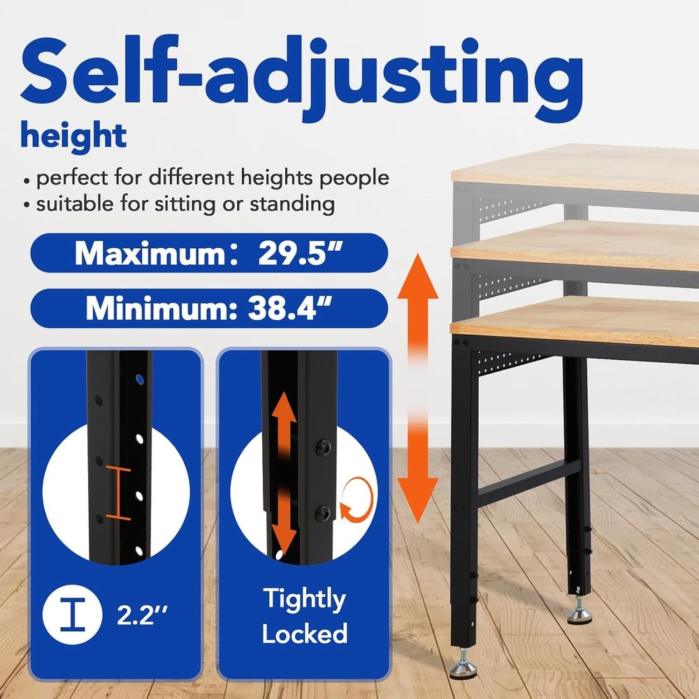 60" Adjustable Work Bench Heavy Duty Worktable for Workshop Garage 2000 Lbs Load