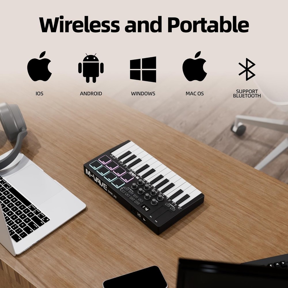 Wireless Bluetooth 25-Key MIDI Controller with Backlit Pads for Modern Musicians
