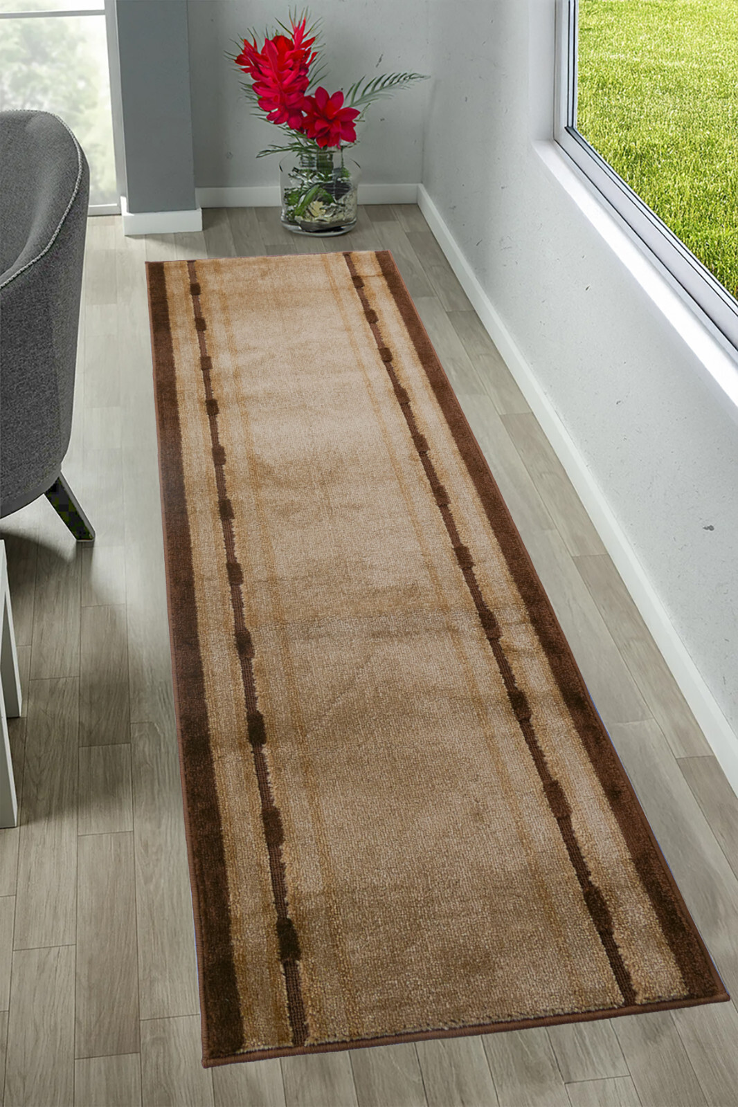 Custom Size Anti Slip Soft Pile Bordered Beige Design Runner Rug 26" Wide