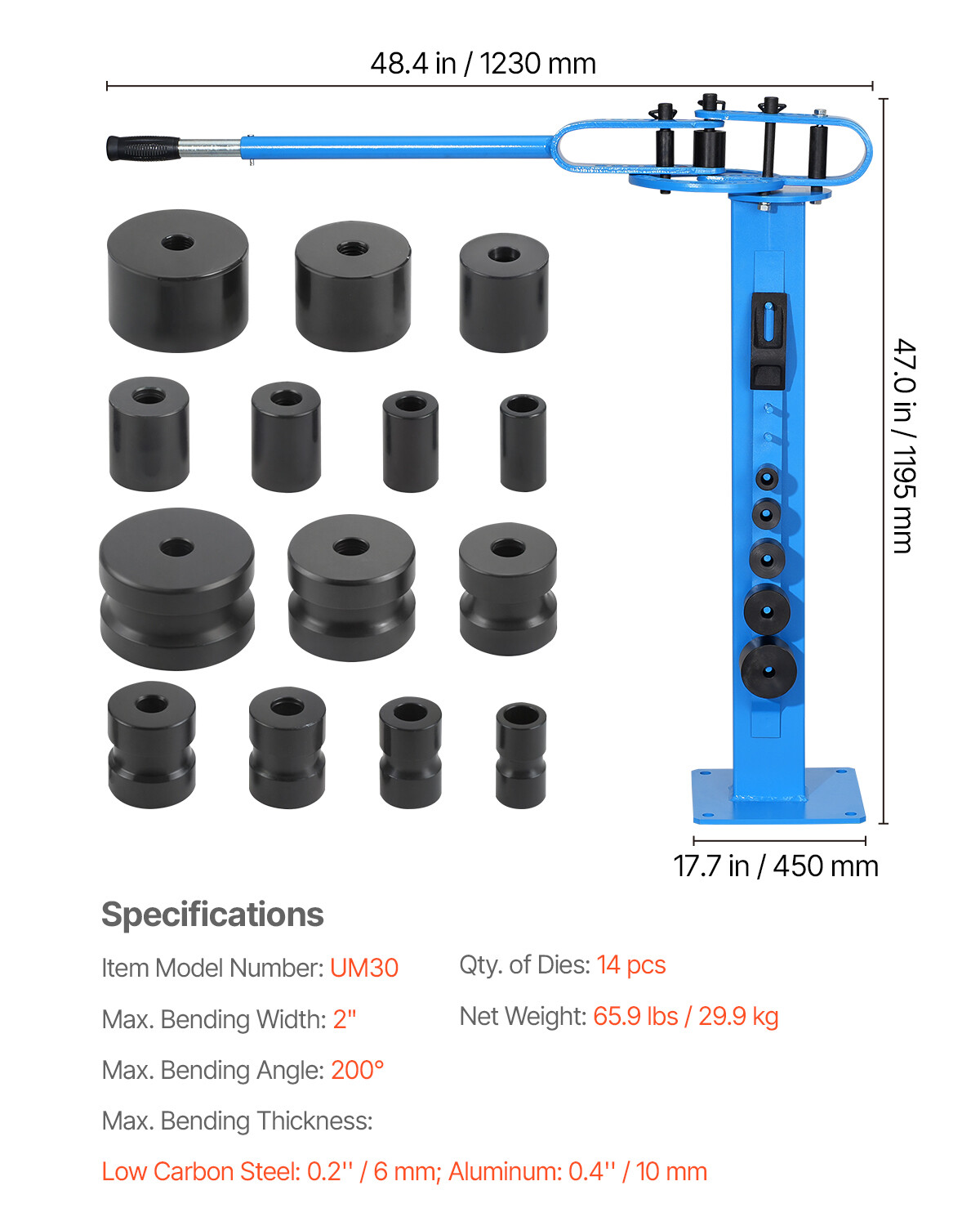 Manual Pipe Bender Max 2" O.D. Pipe Tube Bending Tool with 14 Bending Dies