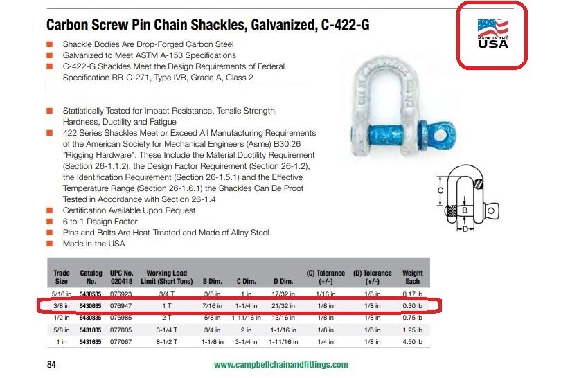 CAMPBELL Chain 5430635 543-0635 3/8In 1T 2000# Chain Shackle Clevis Galv USA!