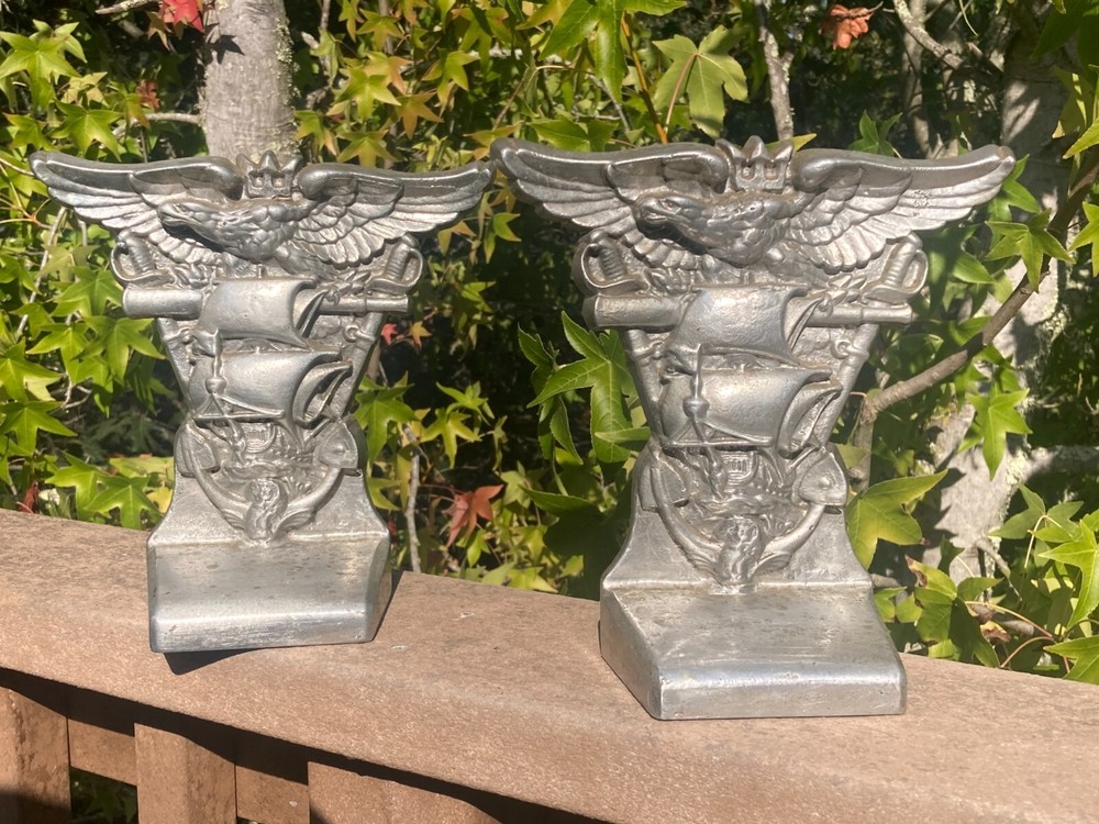 WW2 Era USNA US Naval Academy Annapolis Aluminum Souvenir Bookends