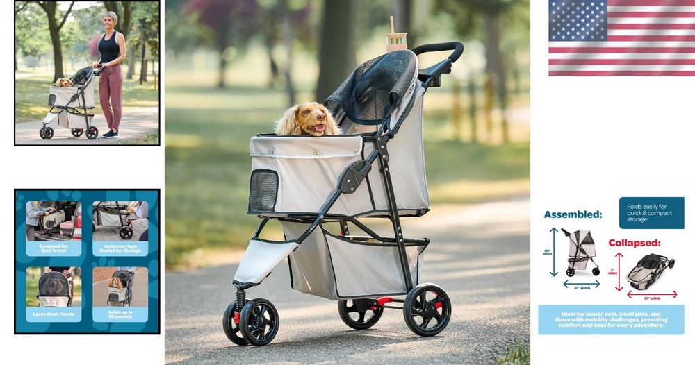 Lightweight Khaki Pet Stroller with Adjustable Canopy, Cup Holder & Brake System