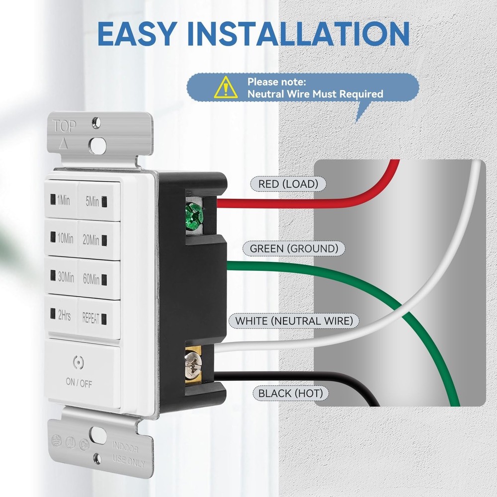 Countdown Wall Timer Switch, Programmable for Exhaust Fan and Lights, 1-5-10-...