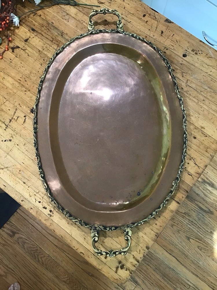 Antique Large Solid Copper Tray with Brass Handles Fall Decorating