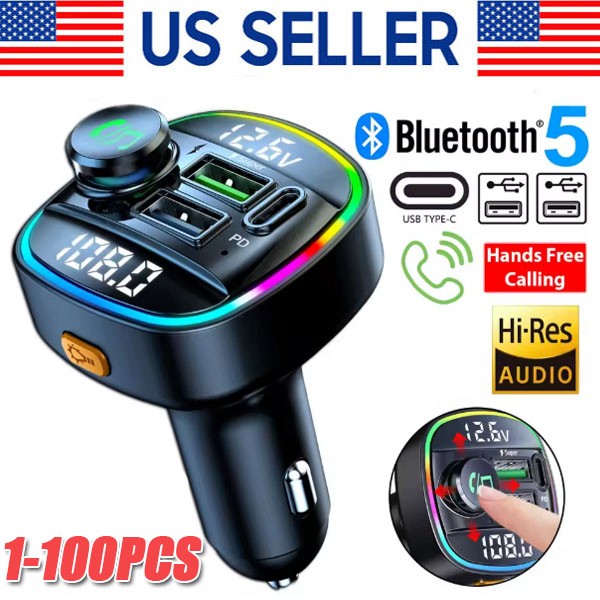 Bluetooth 5.0 Car Wireless FM Transmitter Adapter USB PD Charger AUX Hands LOT