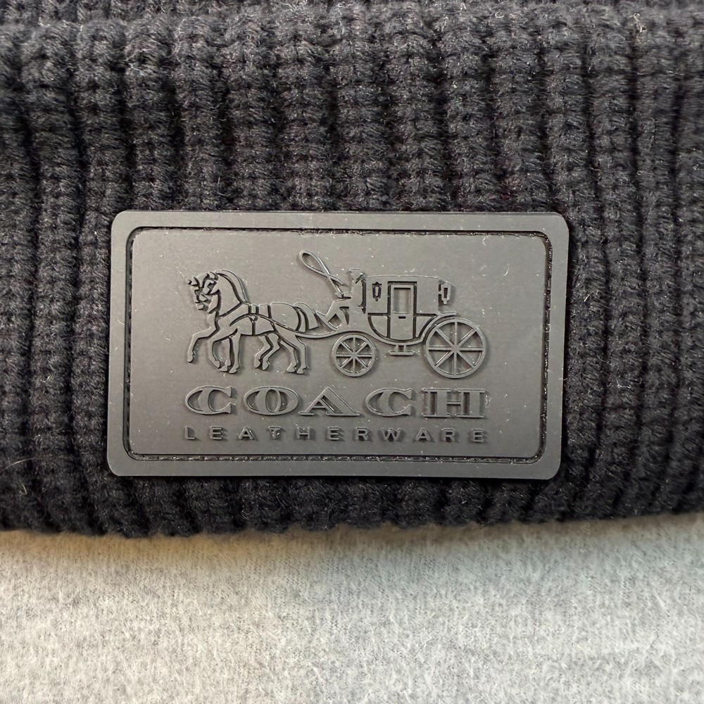 Coach Black Wool Knit Beanie Hat Womens Logo Patch Classic Solid One Size NWT