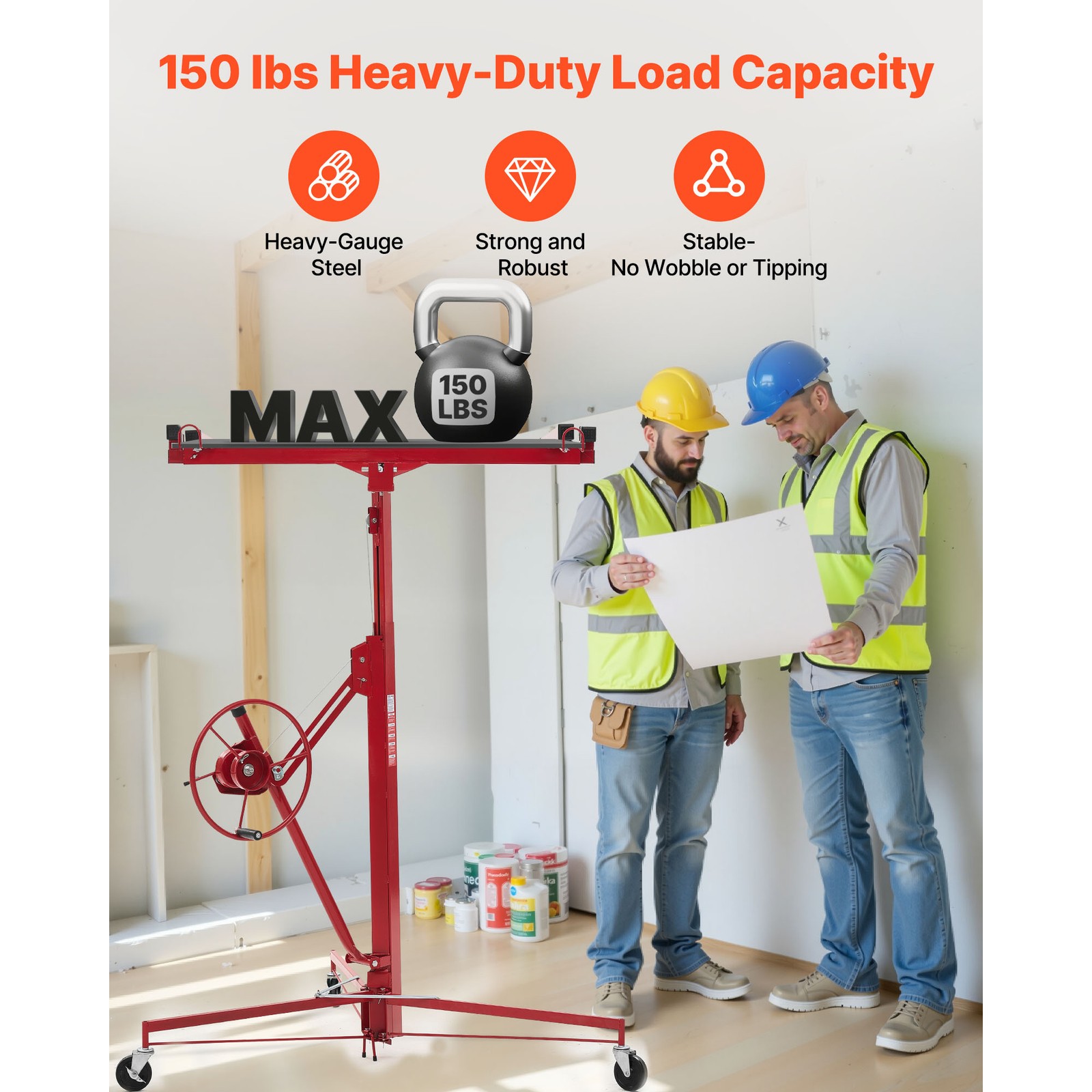 Uimoso 11ft Drywall Lifter Hoist 150 lbs Capacity Adjustable Arm Locking Wheels