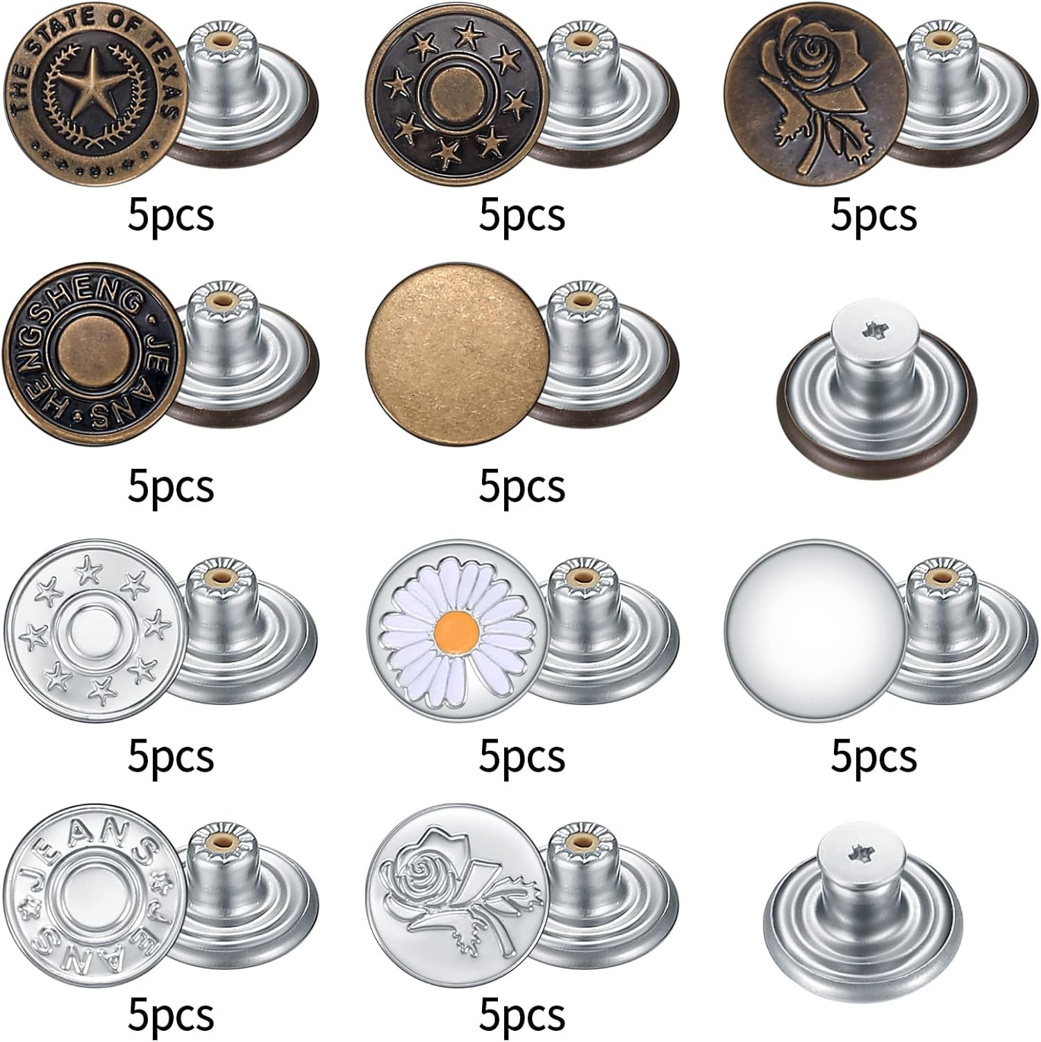 50 Pcs Jean Buttons Replacement Kit, 17Mm Metal Snap Denim Buttons for Pants