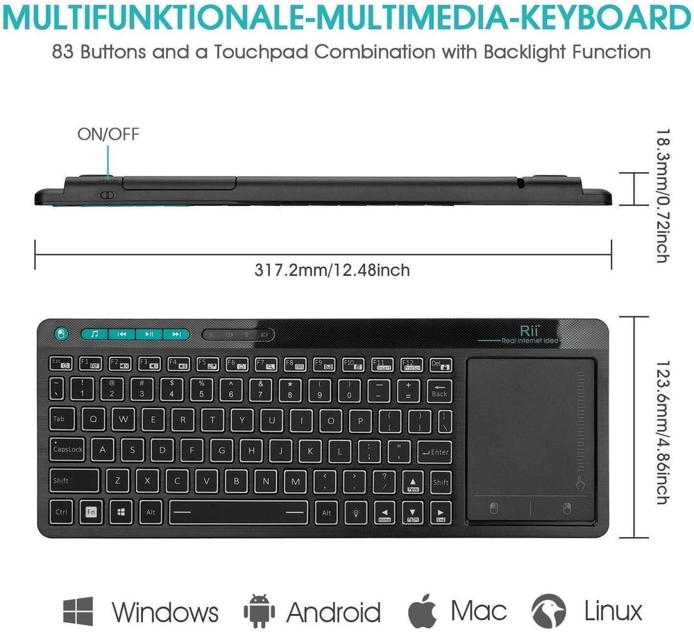K18 plus Wireless 3-LED Color Backlit Multimedia Keyboard with Multi-Touch Big S