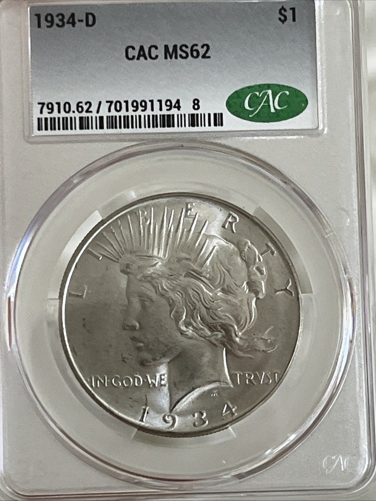 1934 D PEACE SILVER DOLLAR CACG MS62