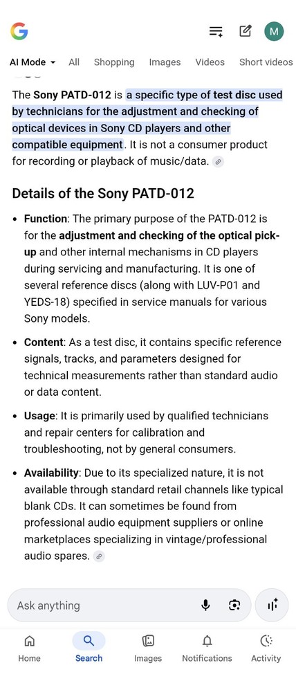 Sony PATD-012 Alignment Adjustment disc