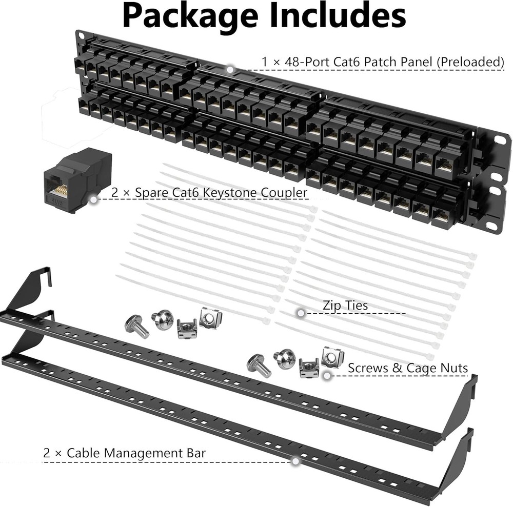 48 Port Cat 6 Patch Panel, 2U Rackmount/Wall Mount, 10Gbps Ethernet, UL Listed