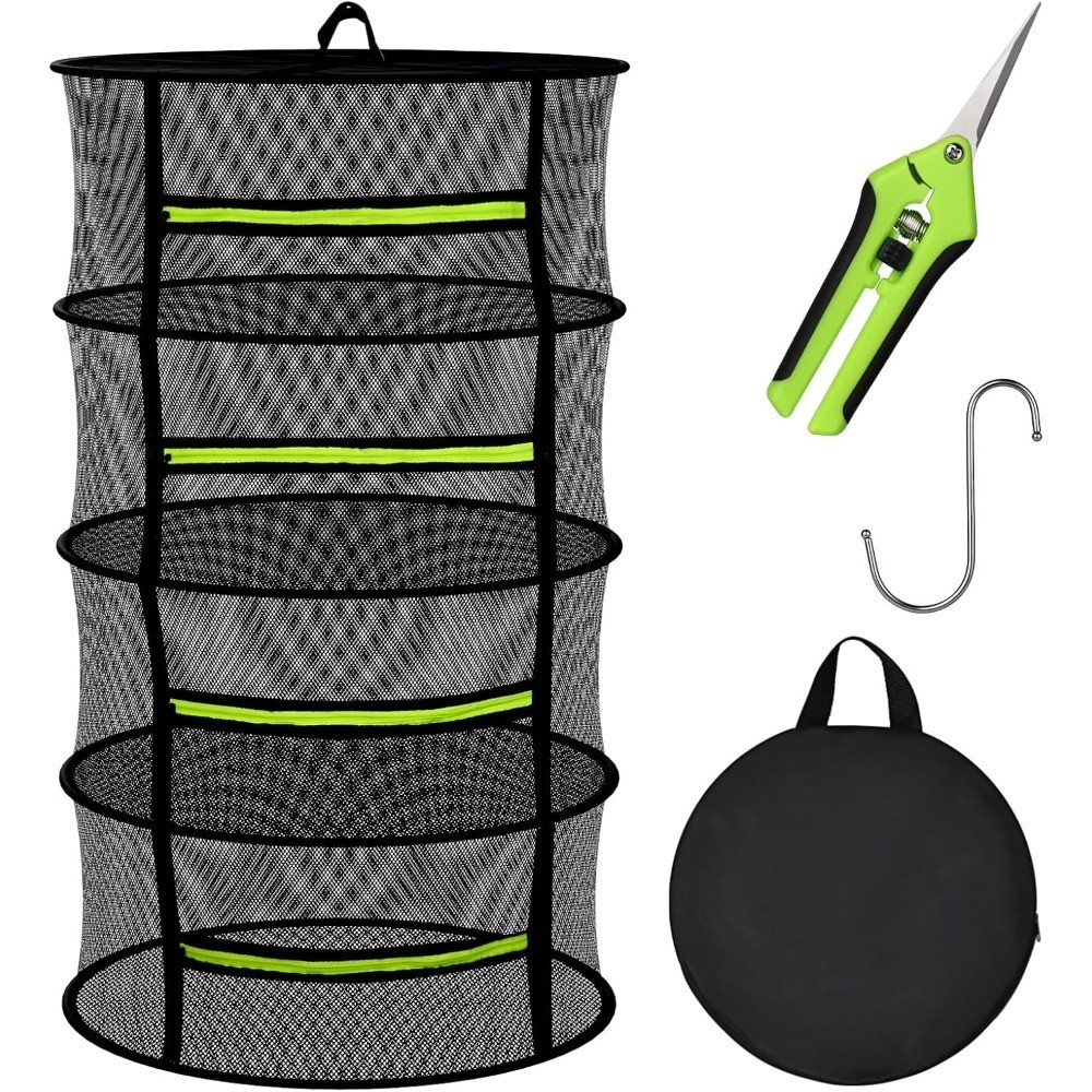 Foldable 4 Layer Hanging Herb Drying Rack with Green Zipper Garden Shears Hooks