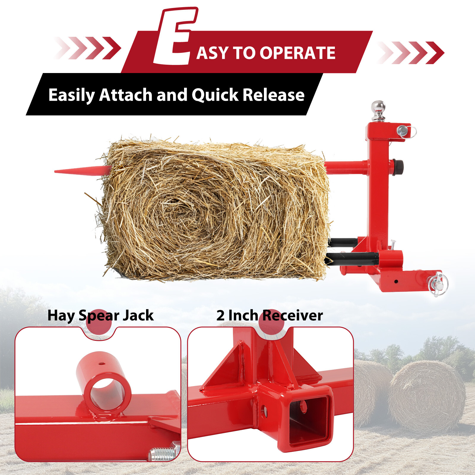 3 Point Hay Bale Spear Trailer Hitch Receiver w/Gooseneck Ball For Cat 1 Tractor