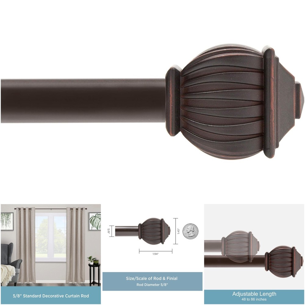 48-86' Adjustable Weathered Brown Decorative Window Curtain Rod 1 Pack