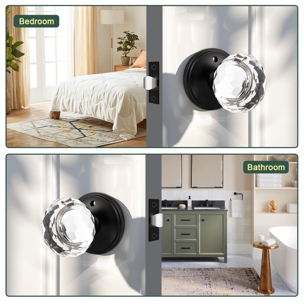 6 Pack Crystal Door Knobs Interior, Elegant Matte Black Glass Door Knobs, Key...