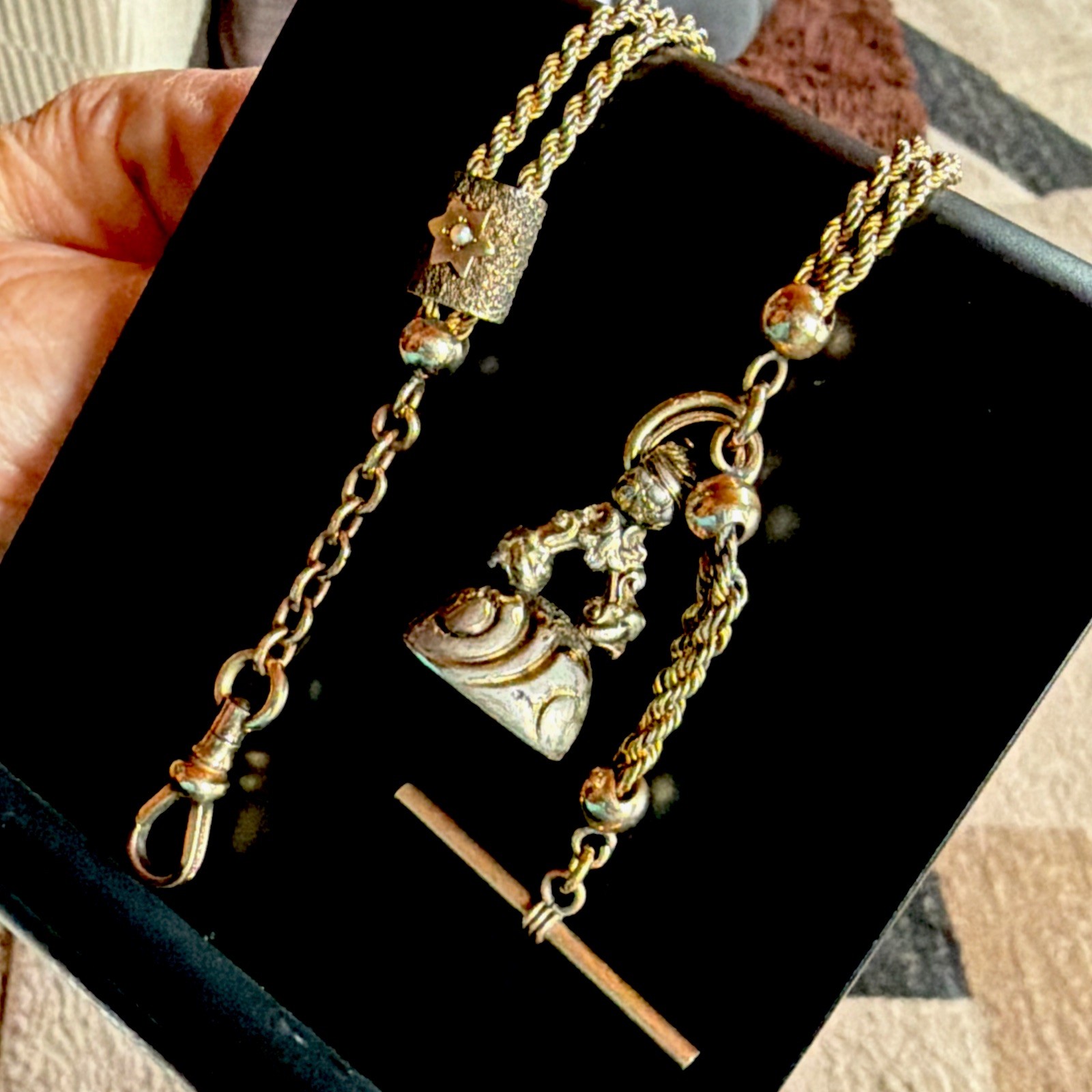 Victorian RFS Gold Tone Rope Link Watch Slider Chain Old Carnelian Fob 14k Tbar