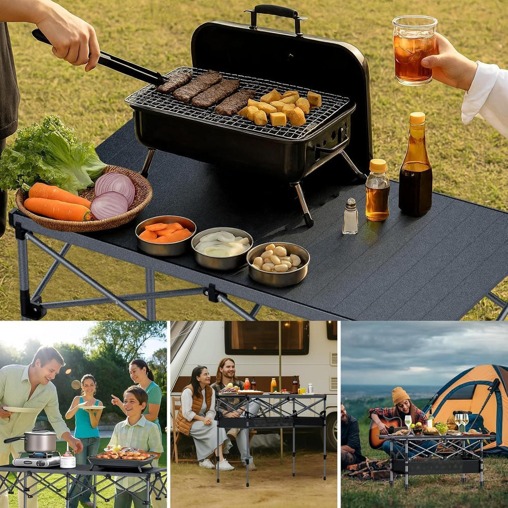 34.2” Tall Camping Table Foldable, 2 Adjustable Height Large Roll up Camping Tab