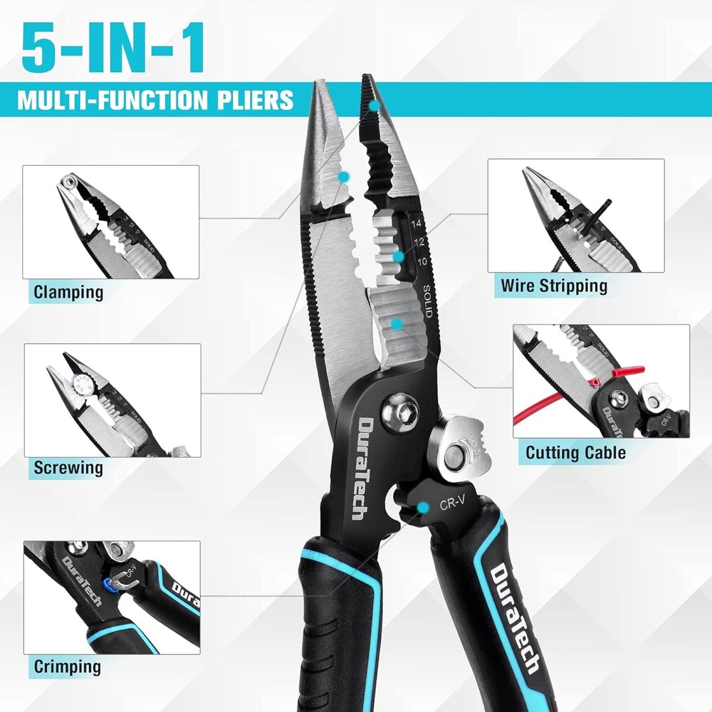 DURATECH 5-in-1 Wire Stripper, 8" Stripper and Crimping Tool, Premium...