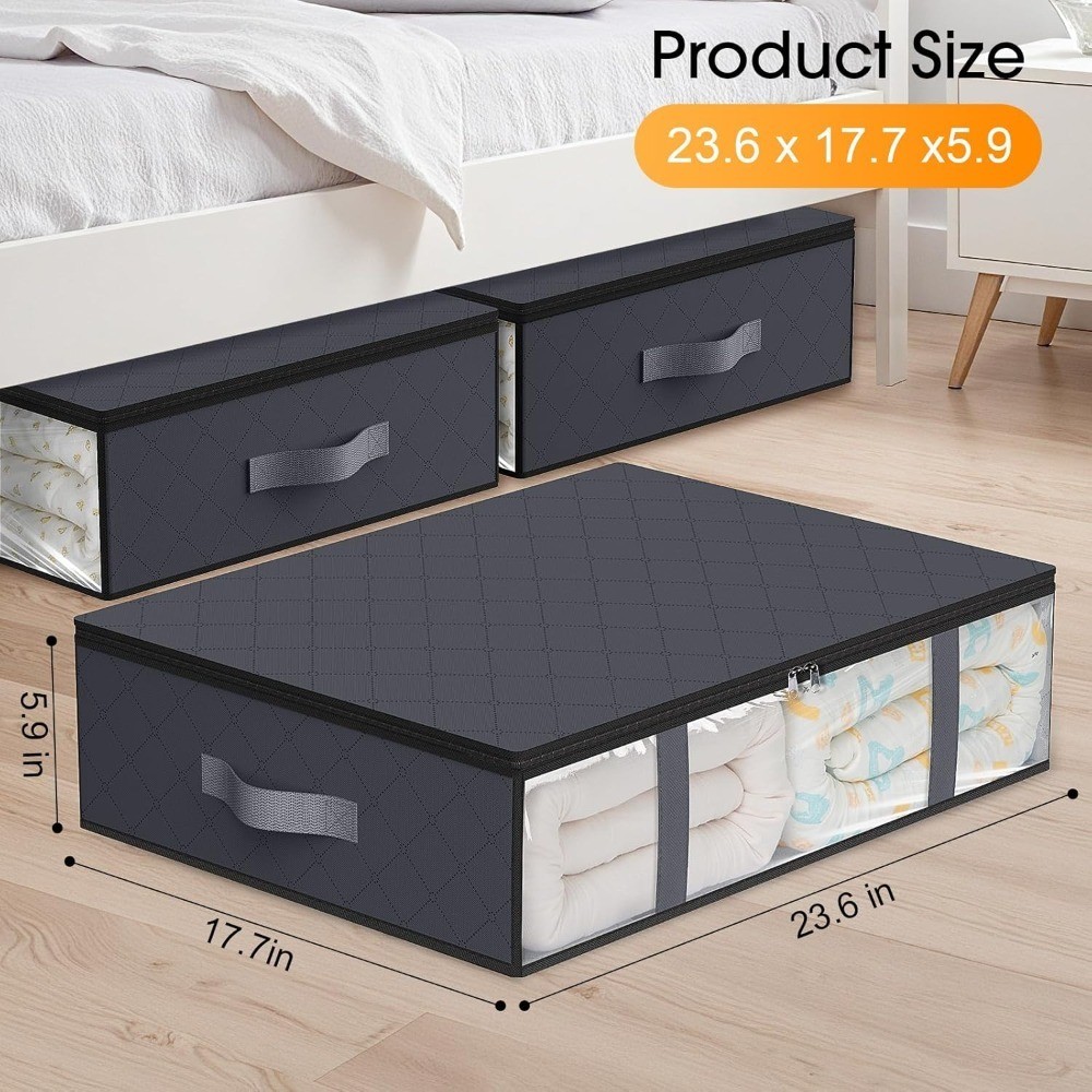 Foldable Under Bed Storage Bags 3-Pack 40L with Clear Window Grey Breathable