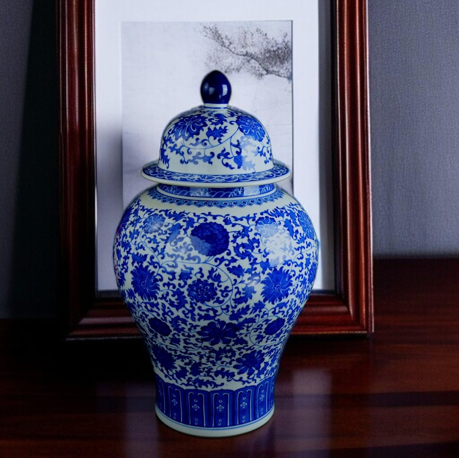 24" Classic Blue and White Floral Porcelain Ceramic Temple Ginger Jar Vase, L...