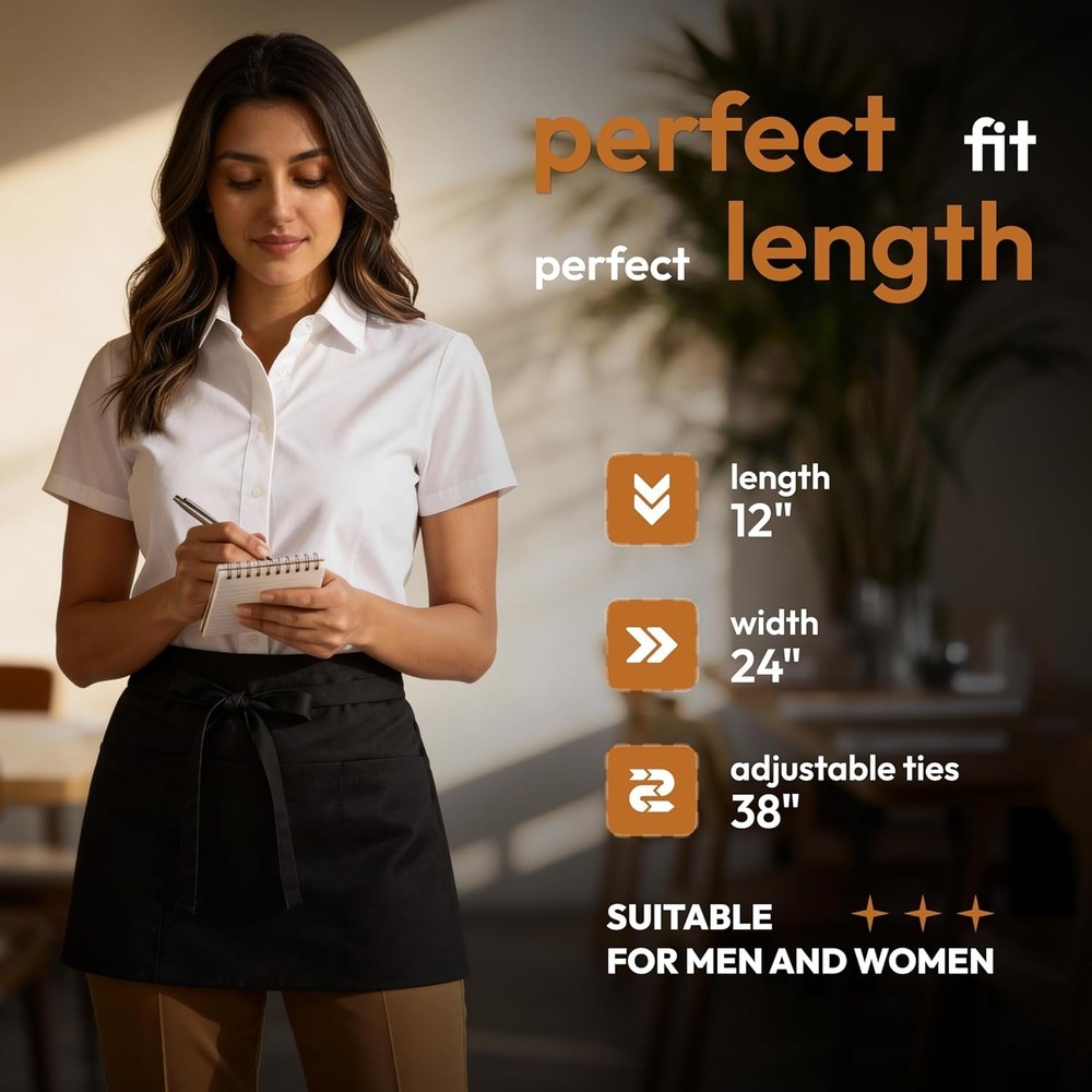 Versatile 12-Pack Black Waist Aprons with Adjustable Ties for All Occasions