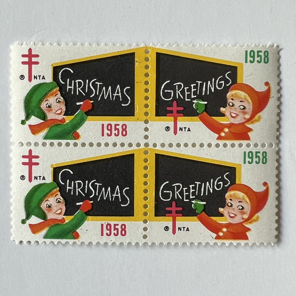 ERROR 1958 CHRISTMAS SEAL BLOCK WITH SEVERAL BLACK MARKS MNH