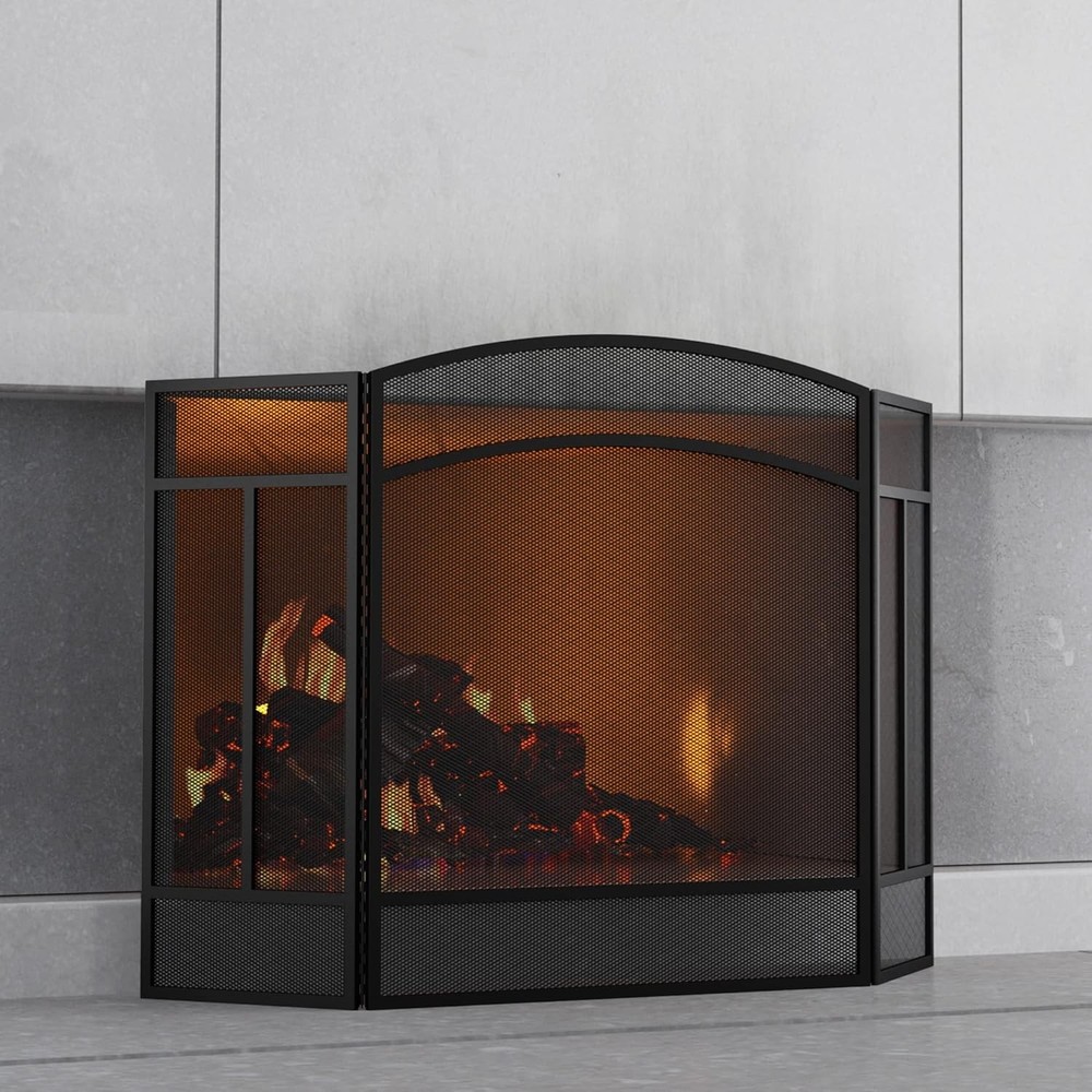 Durable Wrought Iron Fireplace Screen - 3 Panels, Foldable with Arched Top