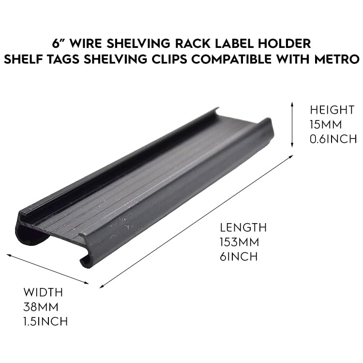 4 Pack Wire Shelf Label Holder Plastic Black 6” Long, Wire Shelving Rack Labe...