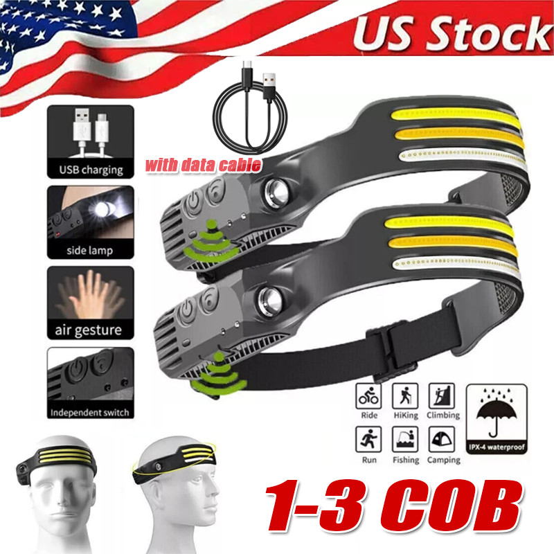COB LED Headlamp USB Rechargeable Headlight Bar Head Band Torch Work Light 6000K