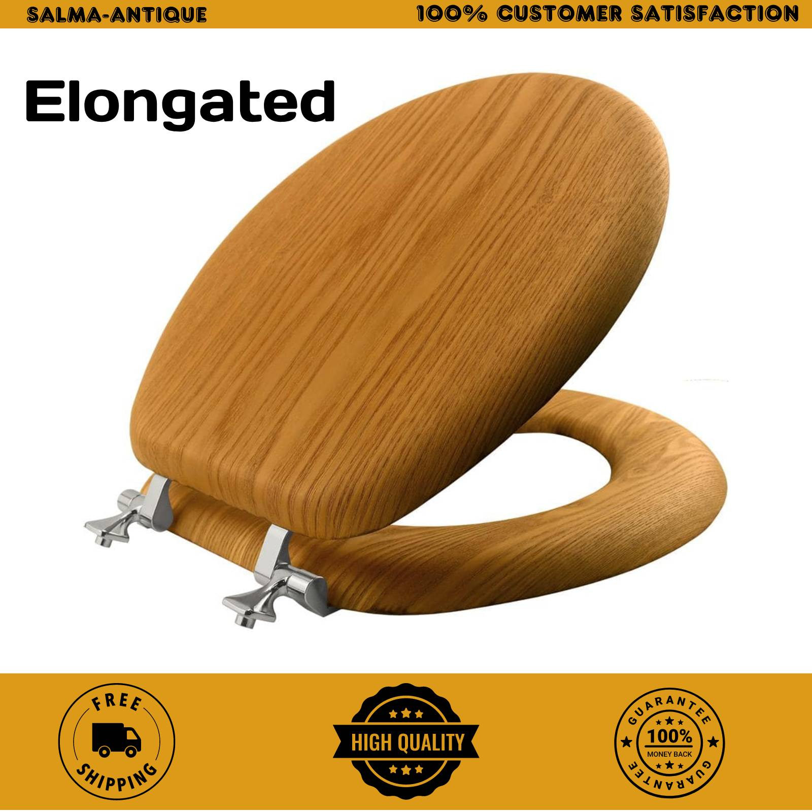 Premium Natural Oak Toilet Seat with Chrome Hinge Elongated Closed Front Wood