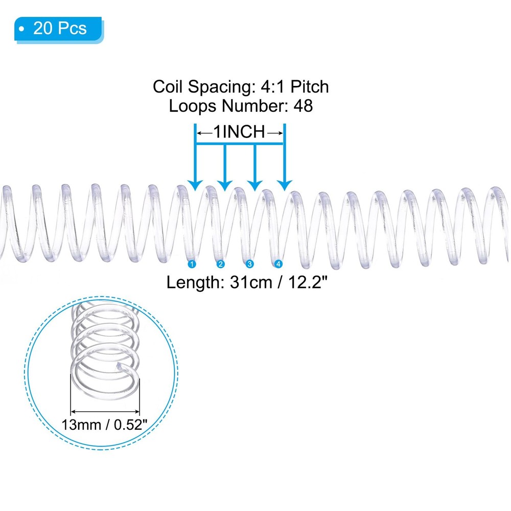 13mm(1/2") Plastic Spiral Binding Coils, 20 Pcs Binding Spirals 105 Sheet Cap...