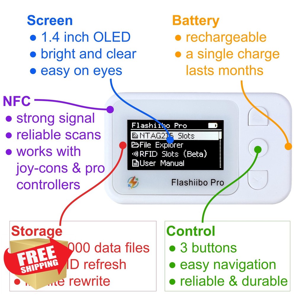 Flashiibo Pro NFC Emulator, 1.4" OLED, Rechargeable, Switch Games