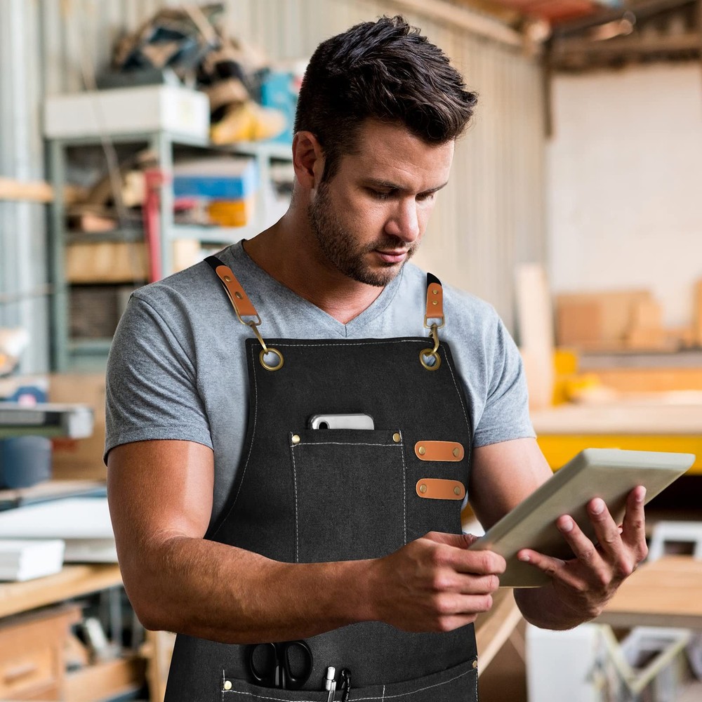 Chef Apron With Pockets, Cross Back Support, Durable Canvas, Black