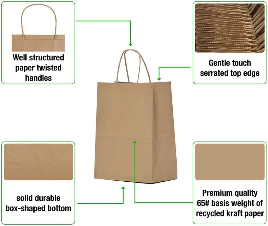 100 Paper Shopping Bags Natural Kraft 10" x 5 x 13" Retail Merchandise Handles