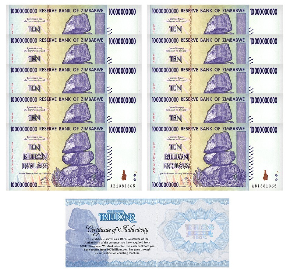 10 Zimbabwe 10 Billion banknotes 2008, P-85 CIRC bundle CoA Authentic trillion