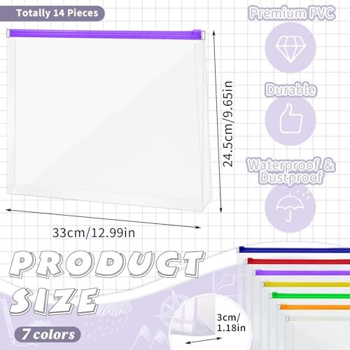 14 Pack Clear Plastic Zip Envelopes A4 Zipper Document Folder Bright Colors